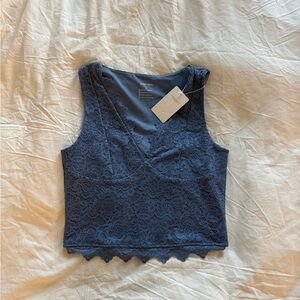 ReoRia Lace V-Neck Top in Slate Blue